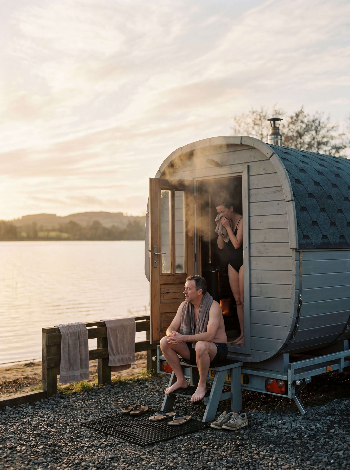 Wood-fired outdoor sauna by a lake in Cavan, Ireland